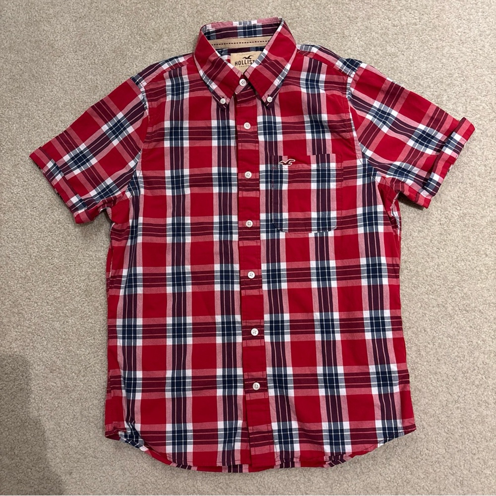 Hollister Red Checkered Plaid Short Sleeve Button Up Shirt Mens Size XL - Picture 1 of 12